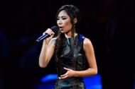 Jessica Sanchez performs the national anthem before Game One of the 2012 NBA Finals between the Oklahoma City Thunder and the Miami Heat at Chesapeake Energy Arena on June 12, 2012, in Oklahoma City. (Photo by Ronald Martinez/Getty Images)